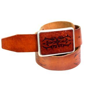 Express TOOLED BROWN REAL LEATHER 1 1/2"Wd DRESS CASUAL WOMEN'S BELT Size L (R76